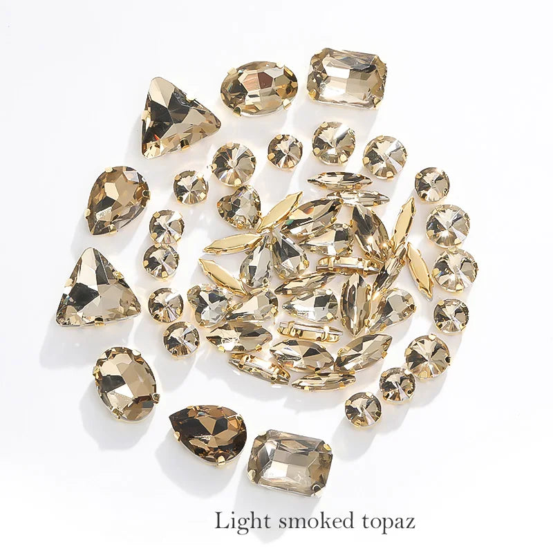 Acmore Crystal Mixed Shapes 12 Colors Loose Crystal Glass Stone With Golden Claw Setting DIY Sewing Fancy Sew on Claw Bead Rhinestone