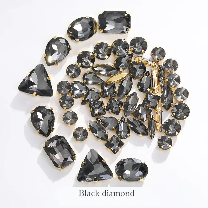 Acmore Crystal Mixed Shapes 12 Colors Loose Crystal Glass Stone With Golden Claw Setting DIY Sewing Fancy Sew on Claw Bead Rhinestone