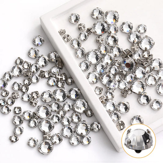 Acmore Crystal Transparent Thickened Round Cross Copper Claw Rhinestone Silver Sew on Crystal Stones  Dress Clothing-Diy Accessories
