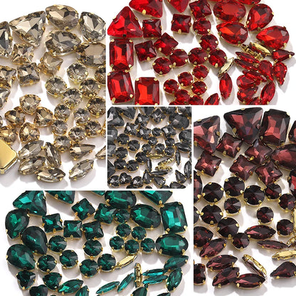 Acmore Crystal Factory Sale Mixed Shapes Crystal Glass Sew on Rhinestone With Gold Claw for DIY Jewelry Hair Clips Wedding Dress