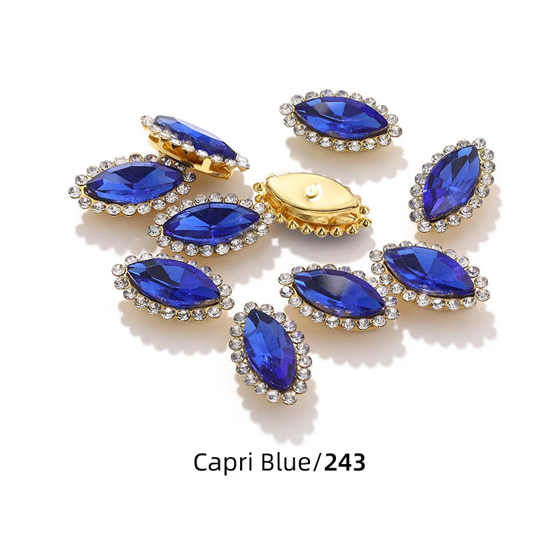 Acmore Crystal New Arrival Double-layers Navette Shape Flat Back Claw Rhinestones Golden Sunflower Sew-on Crystal Glass for Clothing