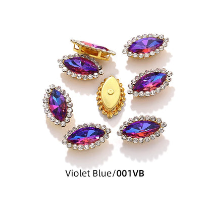 Acmore Crystal New Arrival Double-layers Navette Shape Flat Back Claw Rhinestones Golden Sunflower Sew-on Crystal Glass for Clothing