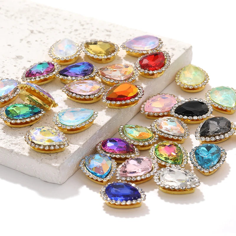 Acmore Crystal New Arrival Double-layers Drop Shape Flat Back Claw Rhinestones Golden Sunflower Sew-on Crystal Glass for Clothing