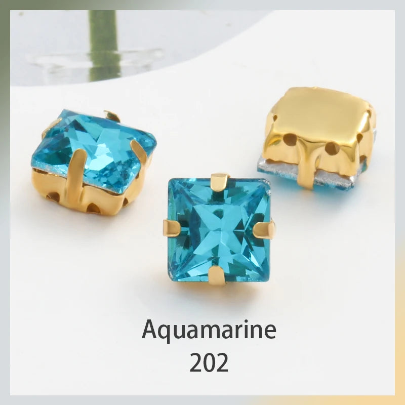 Acmore Crystal  Wholesale Colorful Sew on Stone Diamonds Square Shape Gold Claws Glass Rhinestones DIY Clothing Decorate