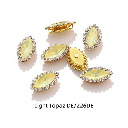 Acmore Crystal New Arrival Double-layers Navette Shape Flat Back Claw Rhinestones Golden Sunflower Sew-on Crystal Glass for Clothing