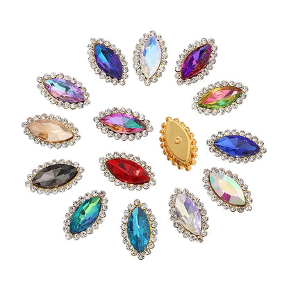Acmore Crystal New Arrival Double-layers Navette Shape Flat Back Claw Rhinestones Golden Sunflower Sew-on Crystal Glass for Clothing