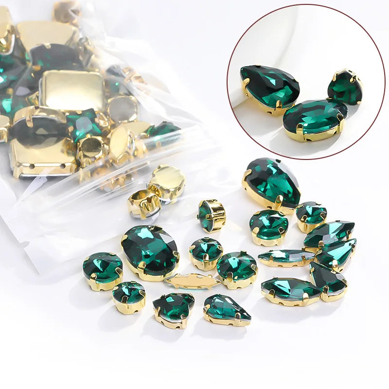 Acmore Crystal Mixed Shapes 12 Colors Loose Crystal Glass Stone With Golden Claw Setting DIY Sewing Fancy Sew on Claw Bead Rhinestone