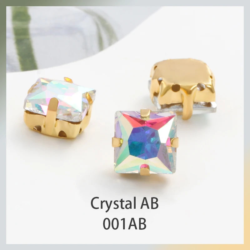Acmore Crystal  Wholesale Colorful Sew on Stone Diamonds Square Shape Gold Claws Glass Rhinestones DIY Clothing Decorate