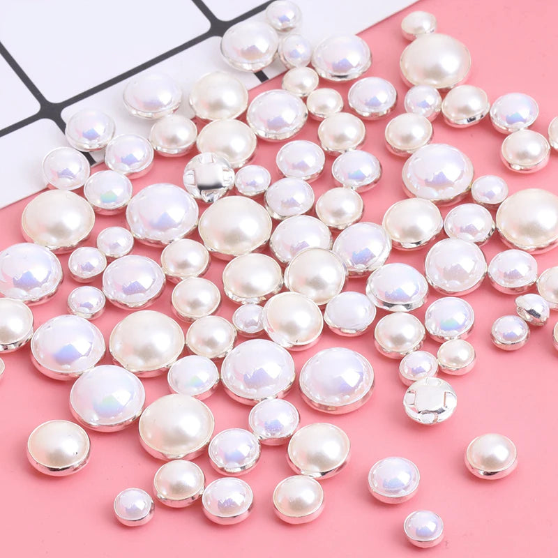 Acmore Crystal Newest Round Shape Stainless Steel Clawless Edging Flat Back Decoration Wholesale in Bulk Pearl DIY Sew Accessories